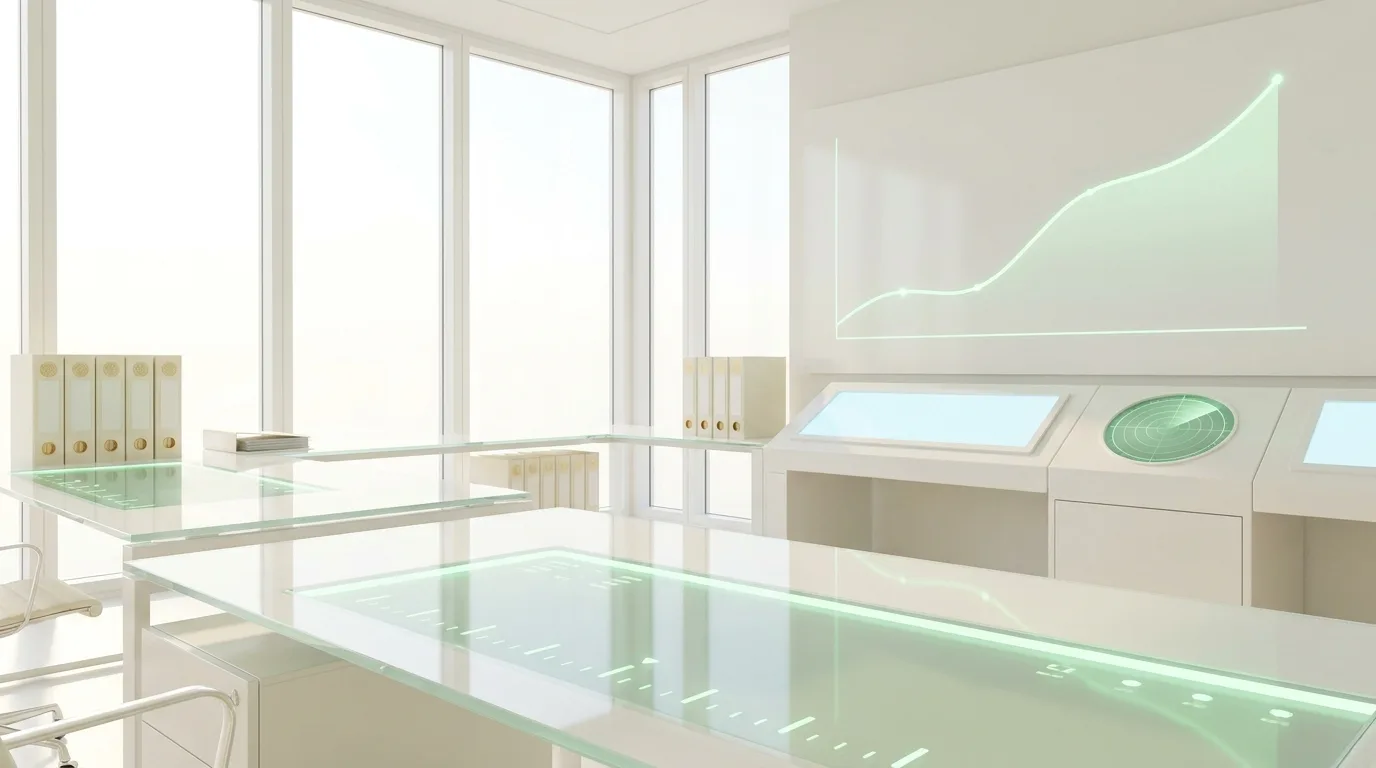 A brightly lit laboratory features sleek white furniture and large windows, showcasing a modern learning environment for.